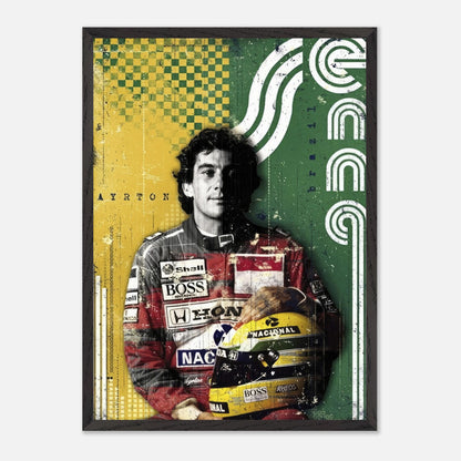 Ayrton Senna vintage framed print in bold Brazilian colors, showcasing the F1 legend’s charisma and racing legacy.