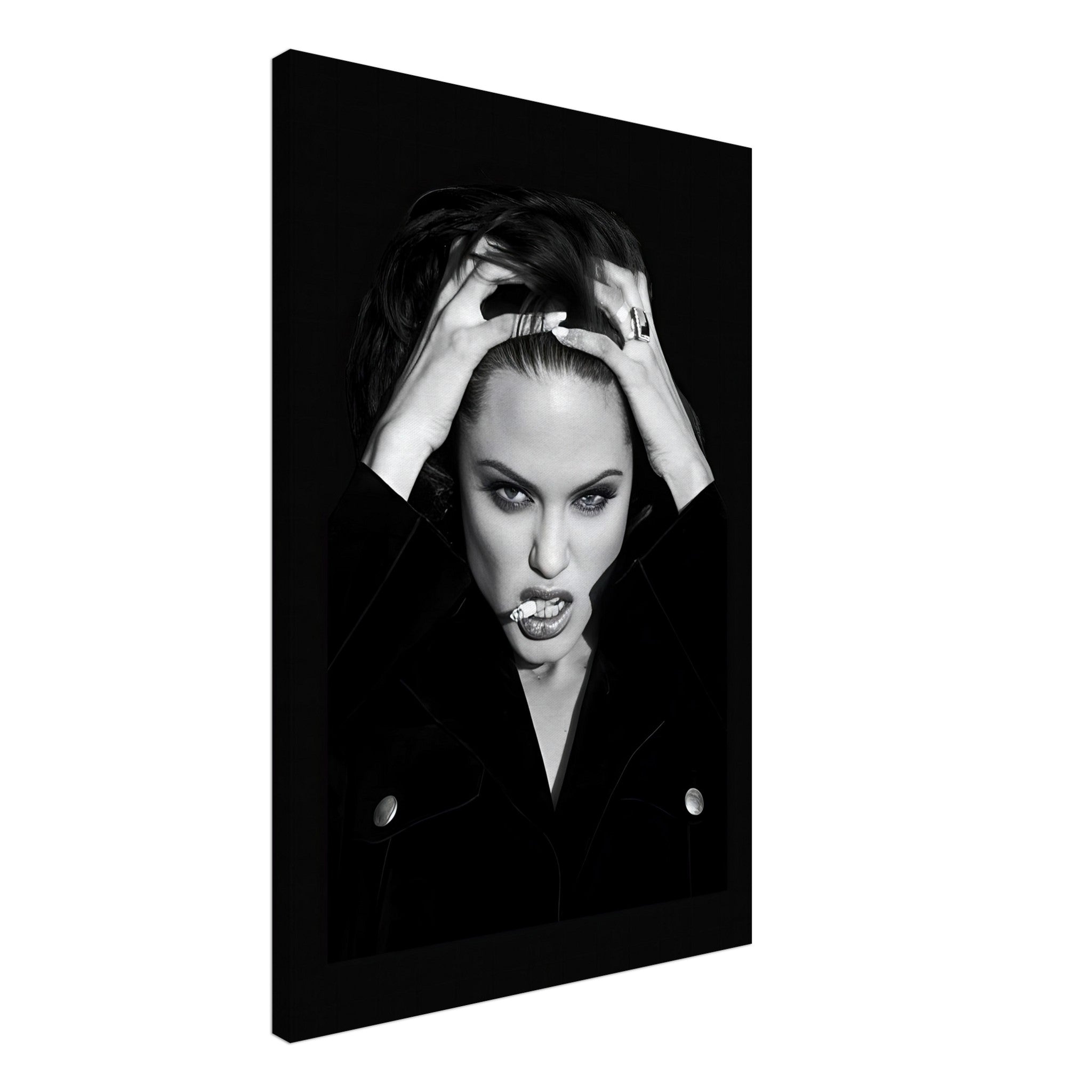 Black-and-white canvas of Angelina Jolie exuding elegance and intensity with a captivating gaze and edgy style.