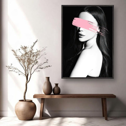 Vintage framed print "Pink Blindness" featuring a monochromatic portrait with a pink brushstroke, displayed in a stylish interior.