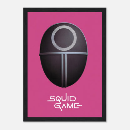 Squid Game Guard Mask framed print on a pink background, featuring minimalist design for fans of the Netflix series.