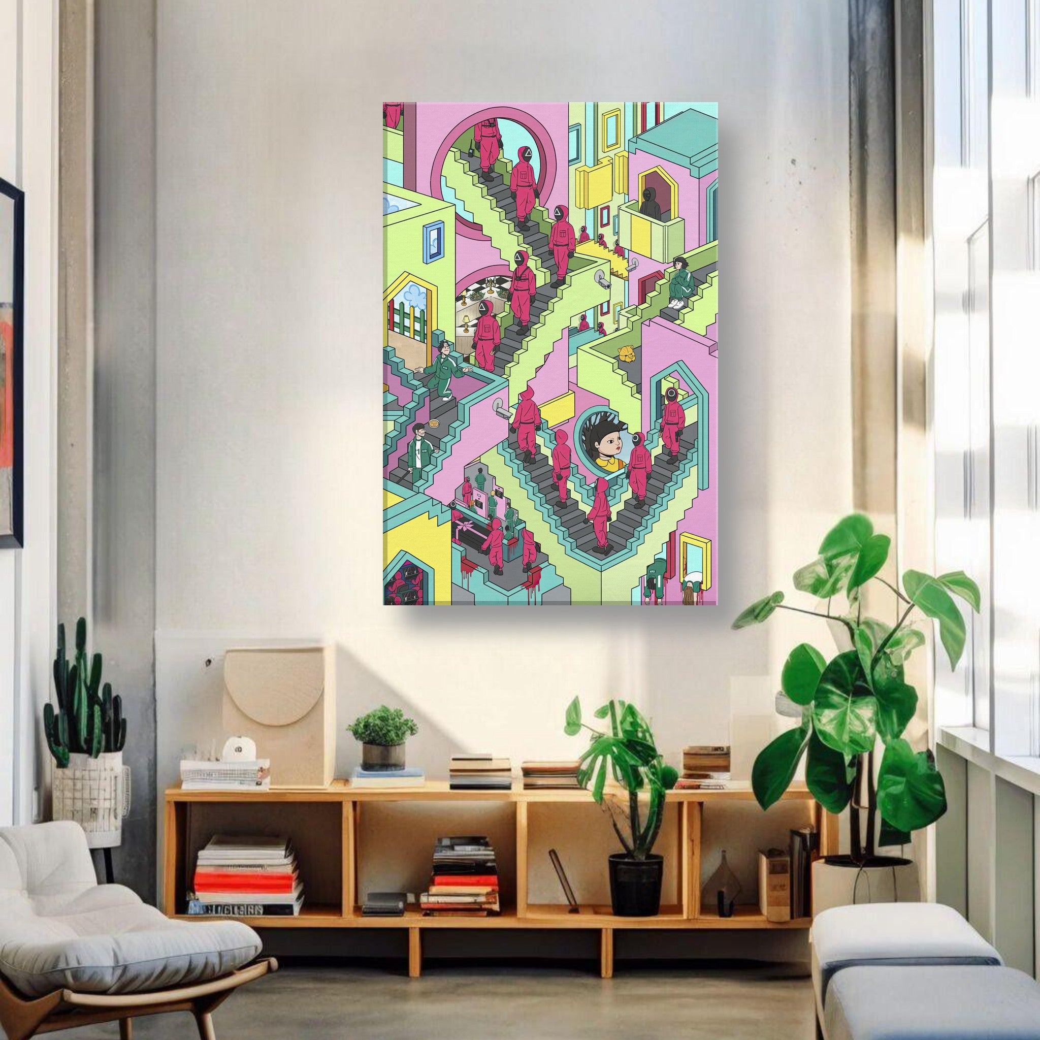 Colorful Squid Game Stairs canvas artwork depicting a surreal staircase scene in a modern living space.