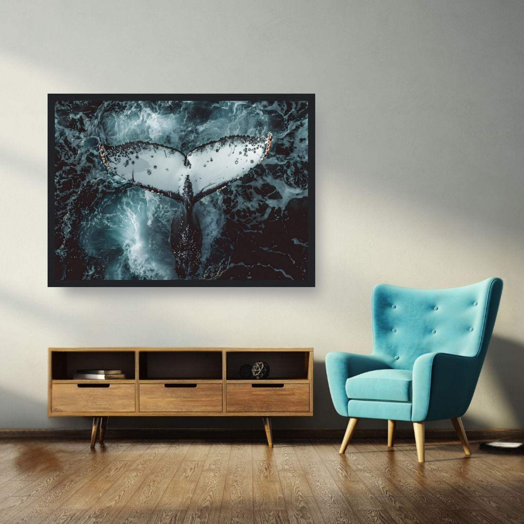 Humpback whale framed print showcasing a whale's tail in deep ocean blues, enhancing modern home decor.