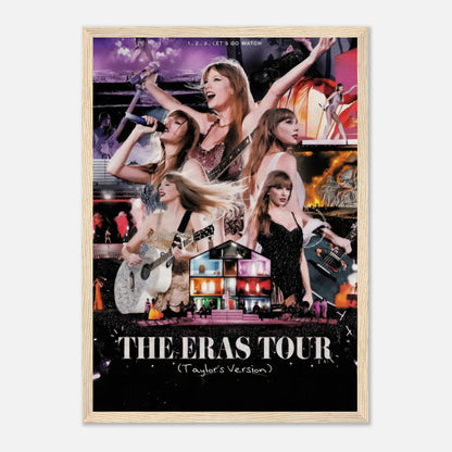 Framed poster of Taylor Swift's Eras Tour featuring vibrant performances and costumes, perfect for fans.