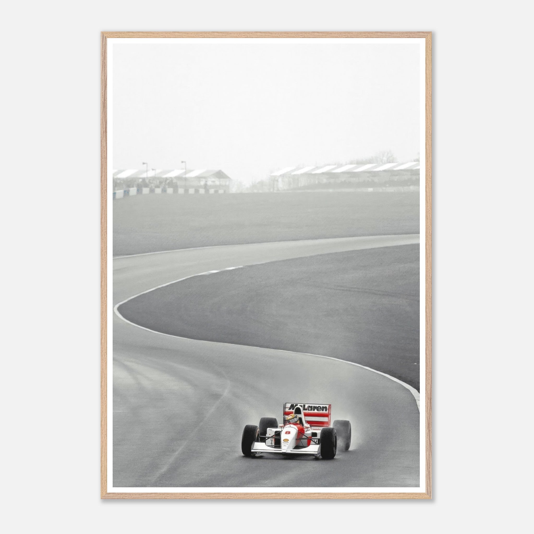 1988 Ayrton Senna in McLaren MP4/4 framed giclée fine art print capturing Formula 1 racing excitement.