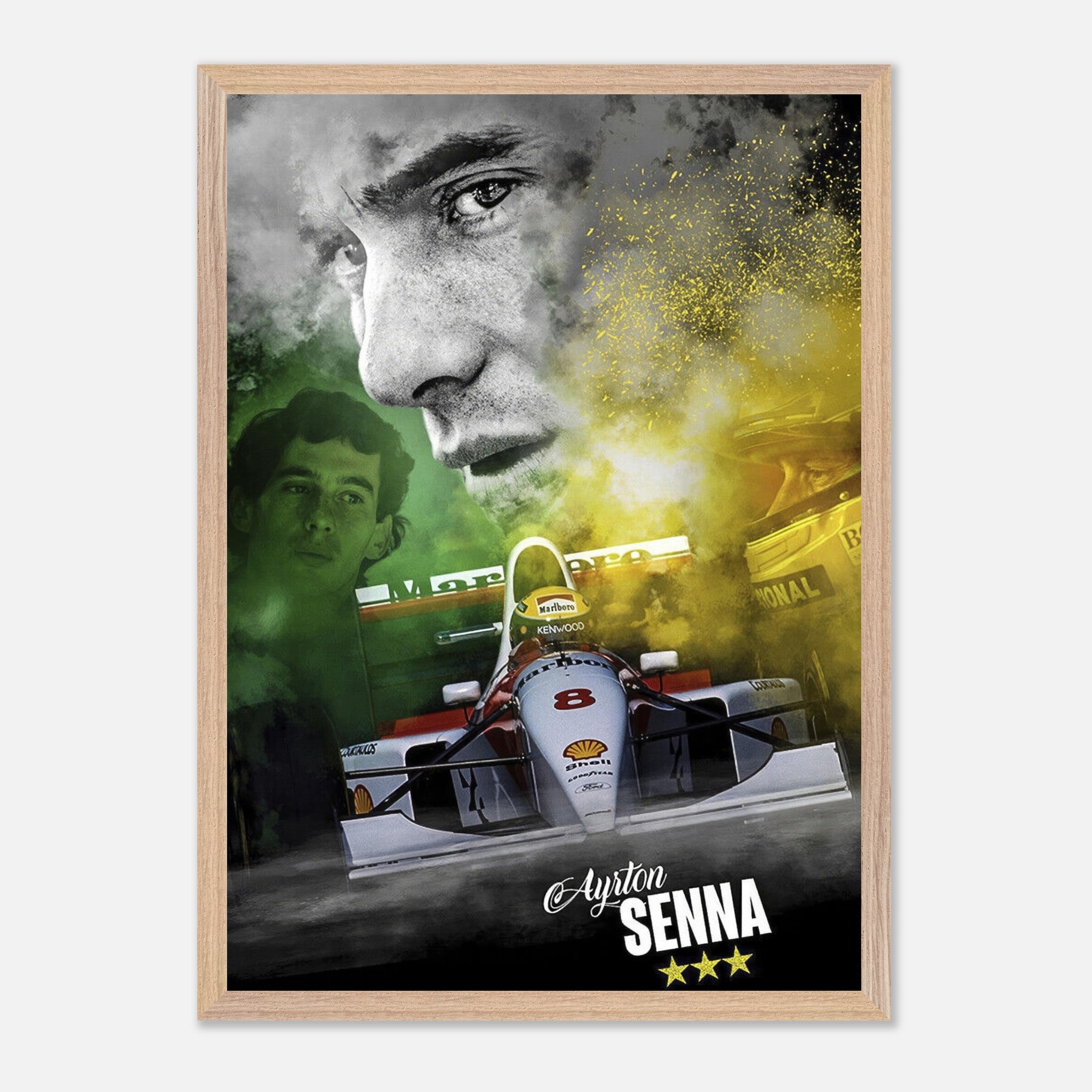 Ayrton Senna fine art print featuring his iconic F1 race car and emotional portrait, framed in wood.