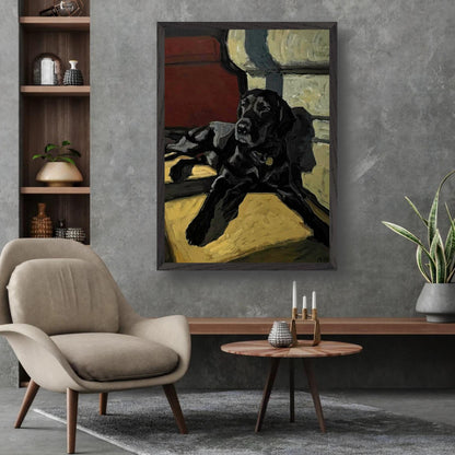 Black Labrador dog painting in a modern living room, showcasing fine art with rich colors and brushstrokes.