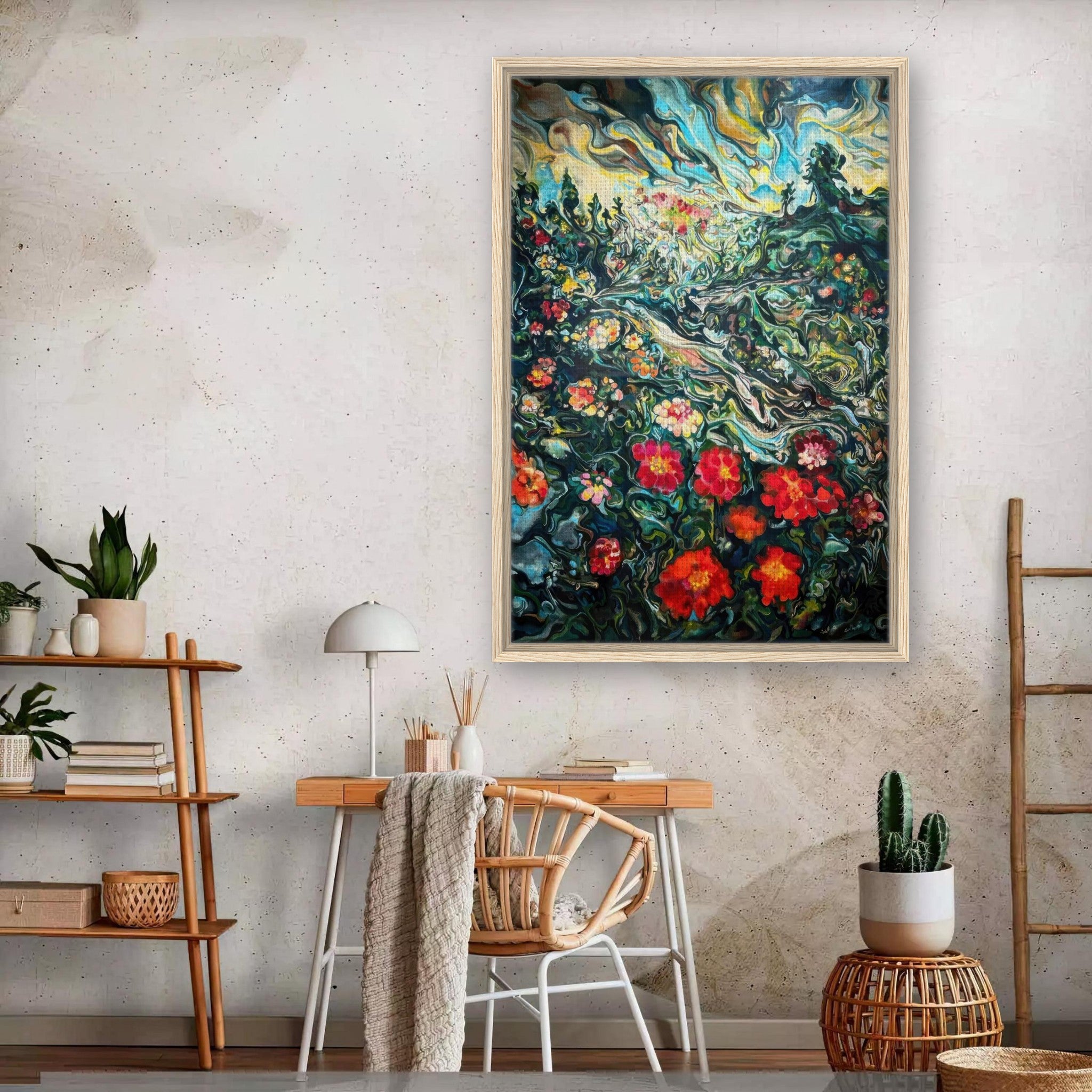 Framed abstract floral landscape painting in a light room with plants and a desk, enhancing the decor.