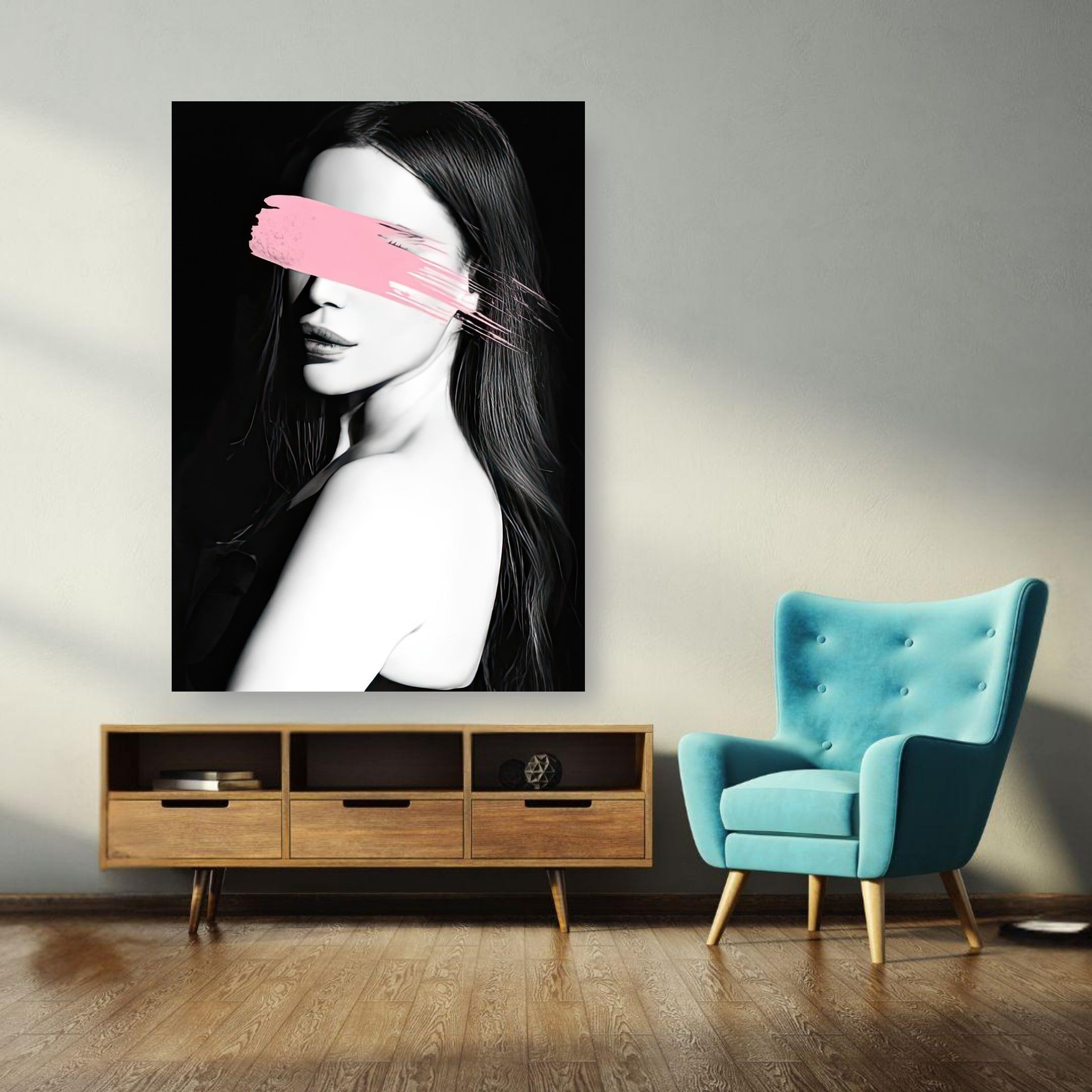 Pink Blindness poster featuring a monochrome portrait with a bold pink brushstroke, displayed in a stylish living room setting.