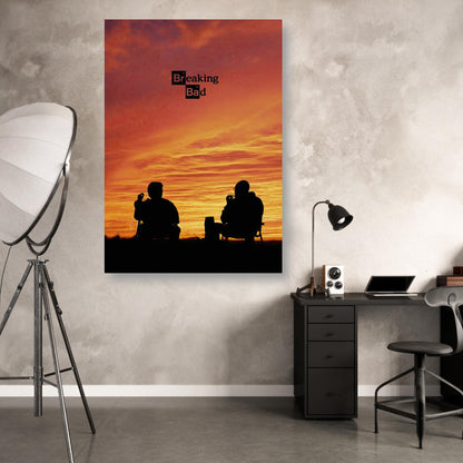 Breaking Bad metal print featuring iconic characters silhouetted against a vibrant sunset backdrop in a modern interior.