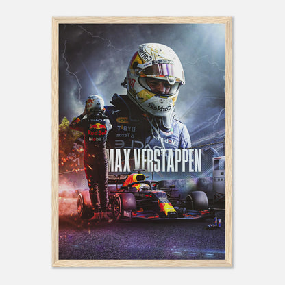 Max Verstappen Red Bull Racing framed print showcasing vivid artwork of the F1 superstar in action.