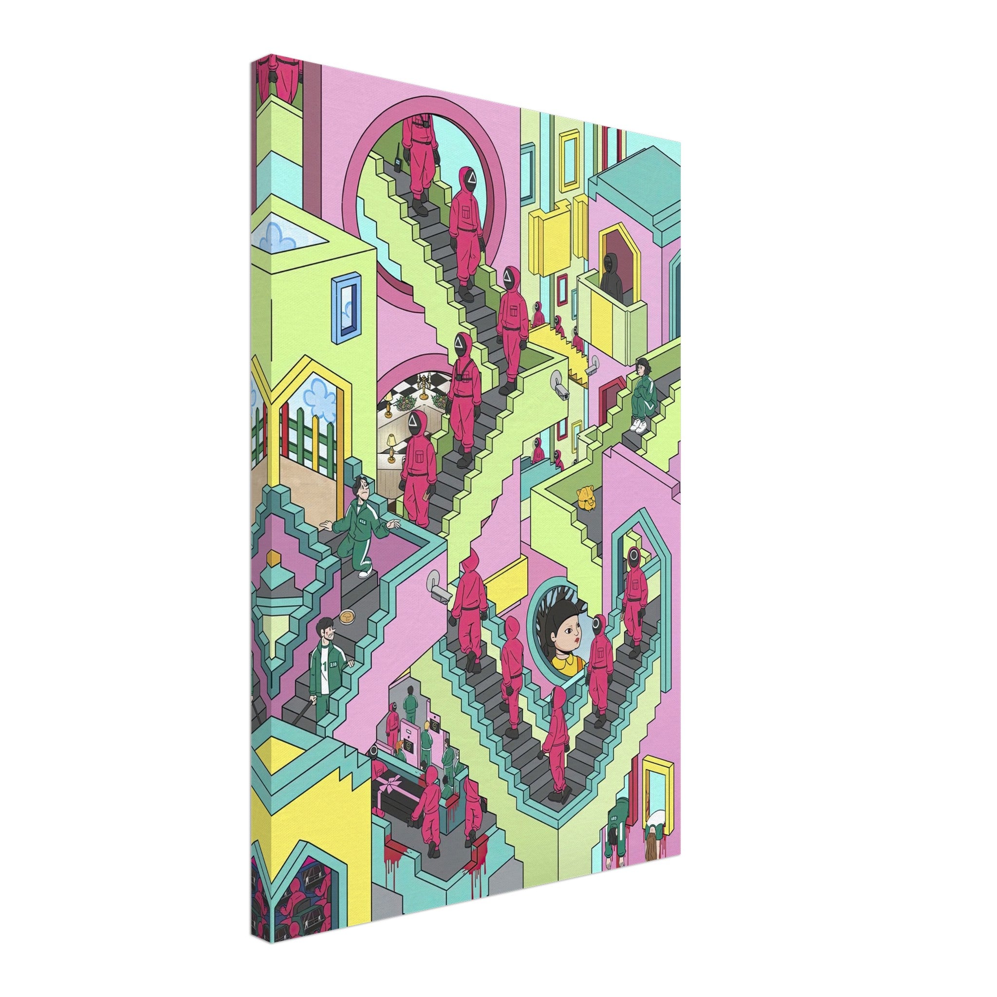 Squid Game Stairs canvas artwork featuring vibrant colors and intricate stair designs, perfect for modern art lovers.