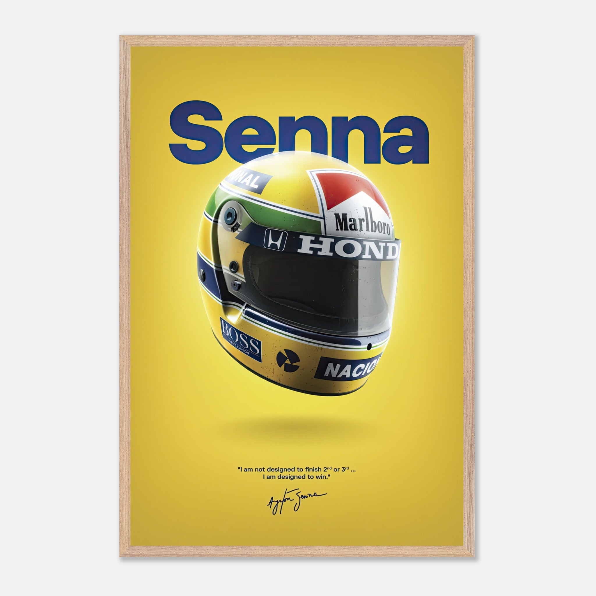 Ayrton Senna vintage helmet art framed with yellow background, featuring motivational quote and sleek design.