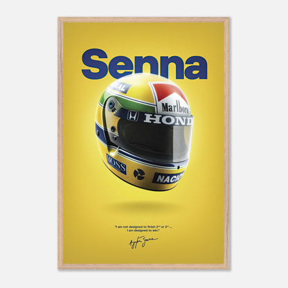 Ayrton Senna vintage helmet art framed with yellow background, featuring motivational quote and sleek design.