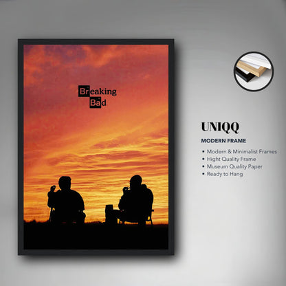 Breaking Bad framed poster featuring Walter White and Jesse Pinkman against a sunset, modern minimalist design.