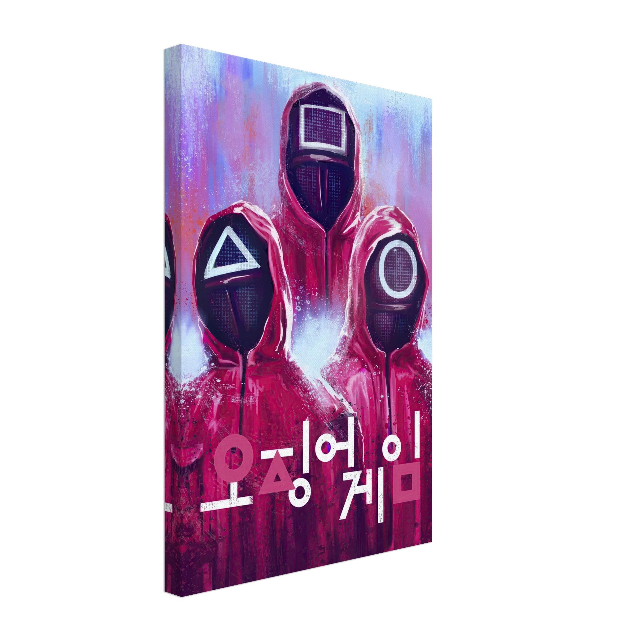 Squid Game canvas print featuring masked characters and Korean text in vibrant red and purple design.