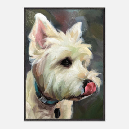 Westie dog painting in vivid colors, showcasing a fluffy white coat and playful expression, perfect for dog lovers.