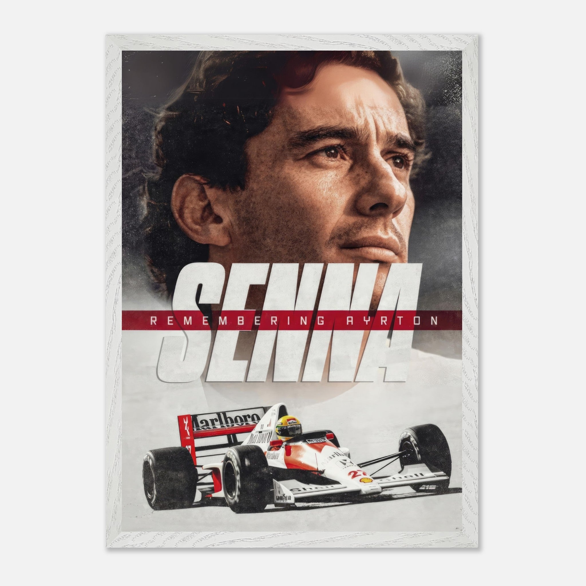 Fine art print tribute to Ayrton Senna featuring his portrait and iconic Formula 1 car.