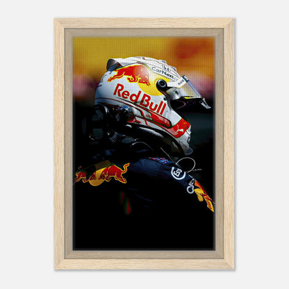 Framed canvas print of a Formula 1 driver in a Red Bull helmet, showcasing vibrant colors and details.