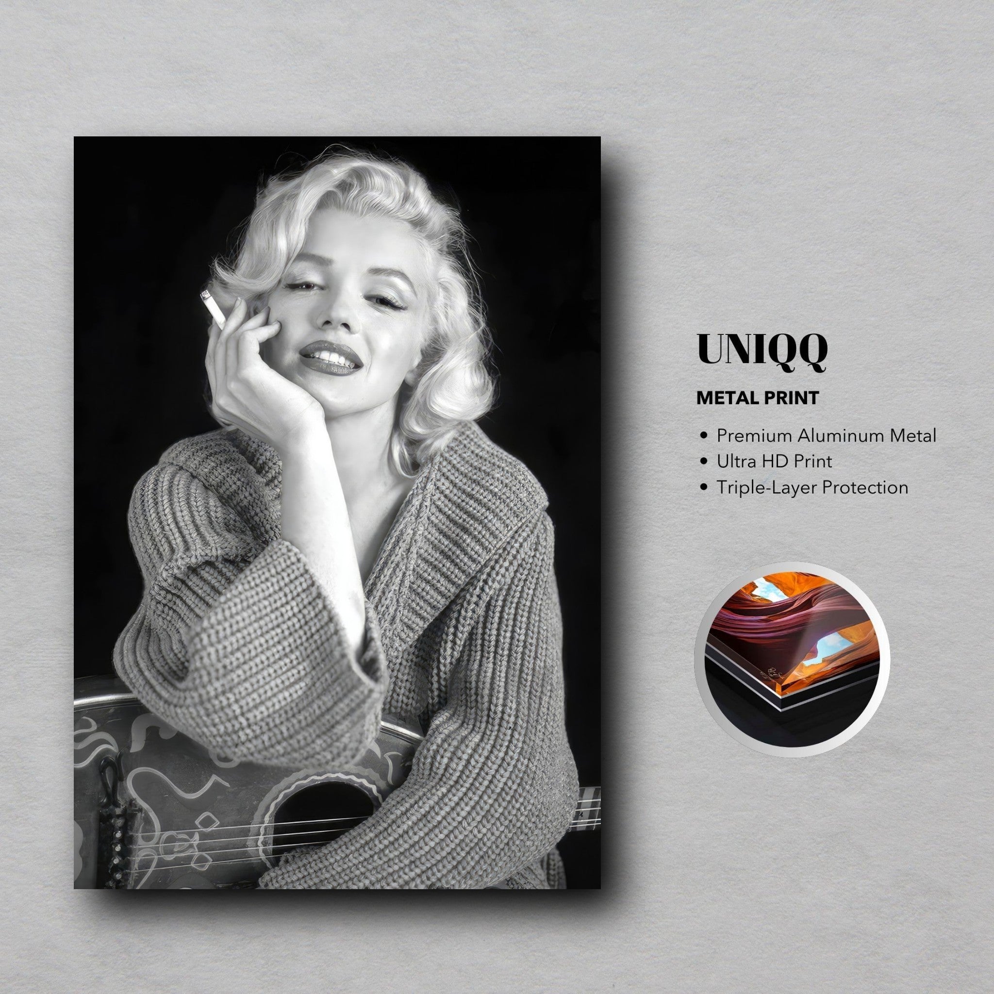 Marilyn Monroe smoking metal print showcasing timeless elegance with premium aluminum finish and ultra HD quality.