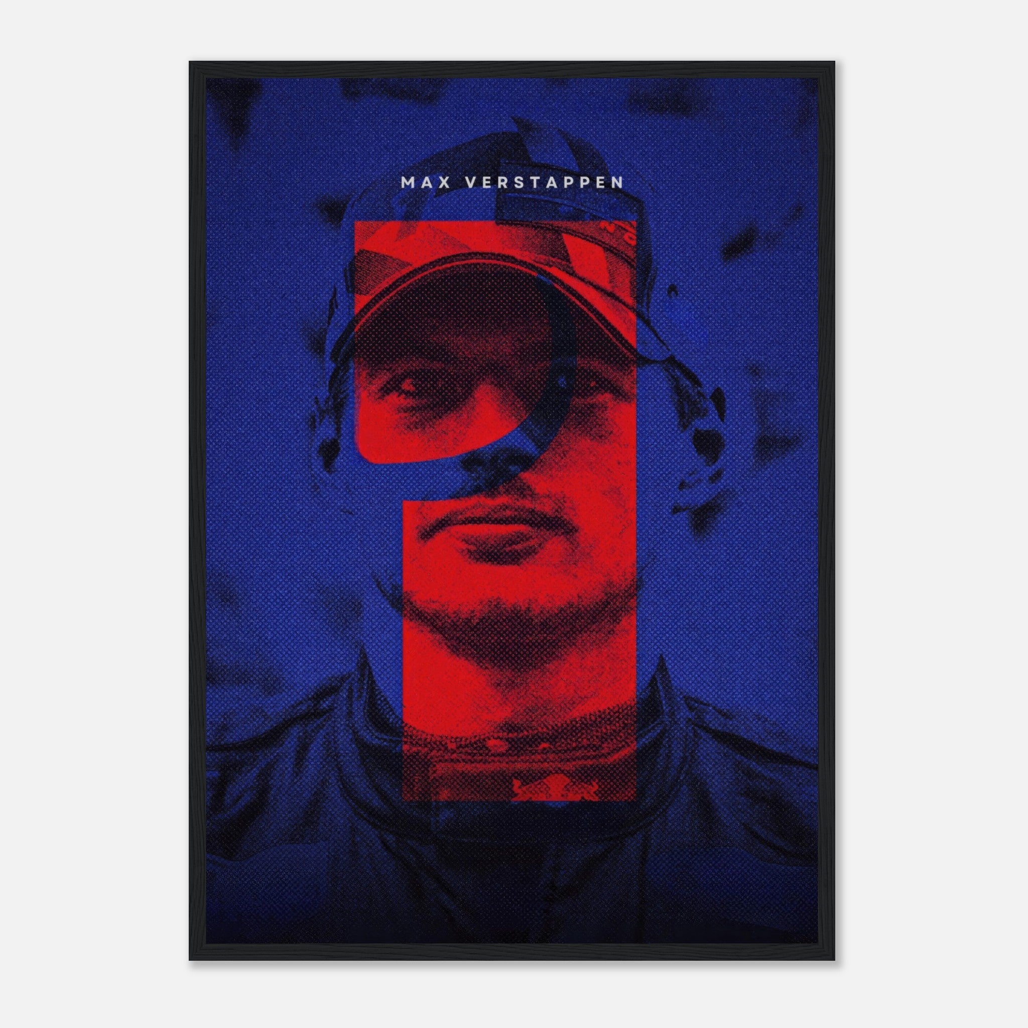 Max Verstappen framed print featuring dynamic red and blue design celebrating his championship spirit.