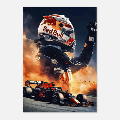 Max Verstappen Red Bull metal print showcasing vibrant artwork of an F1 driver with a sleek racing car background.