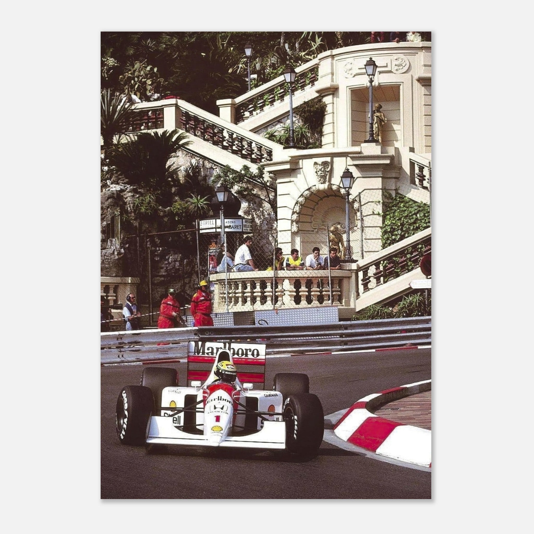 Ayrton Senna racing in Monaco, captured in vivid detail on a premium poster for motorsport fans.