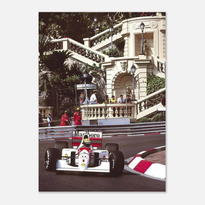 Ayrton Senna racing in Monaco, captured in vivid detail on a premium poster for motorsport fans.