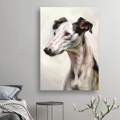 Greyhound dog painting poster featuring a detailed portrait, ideal for dog lovers' home decor.