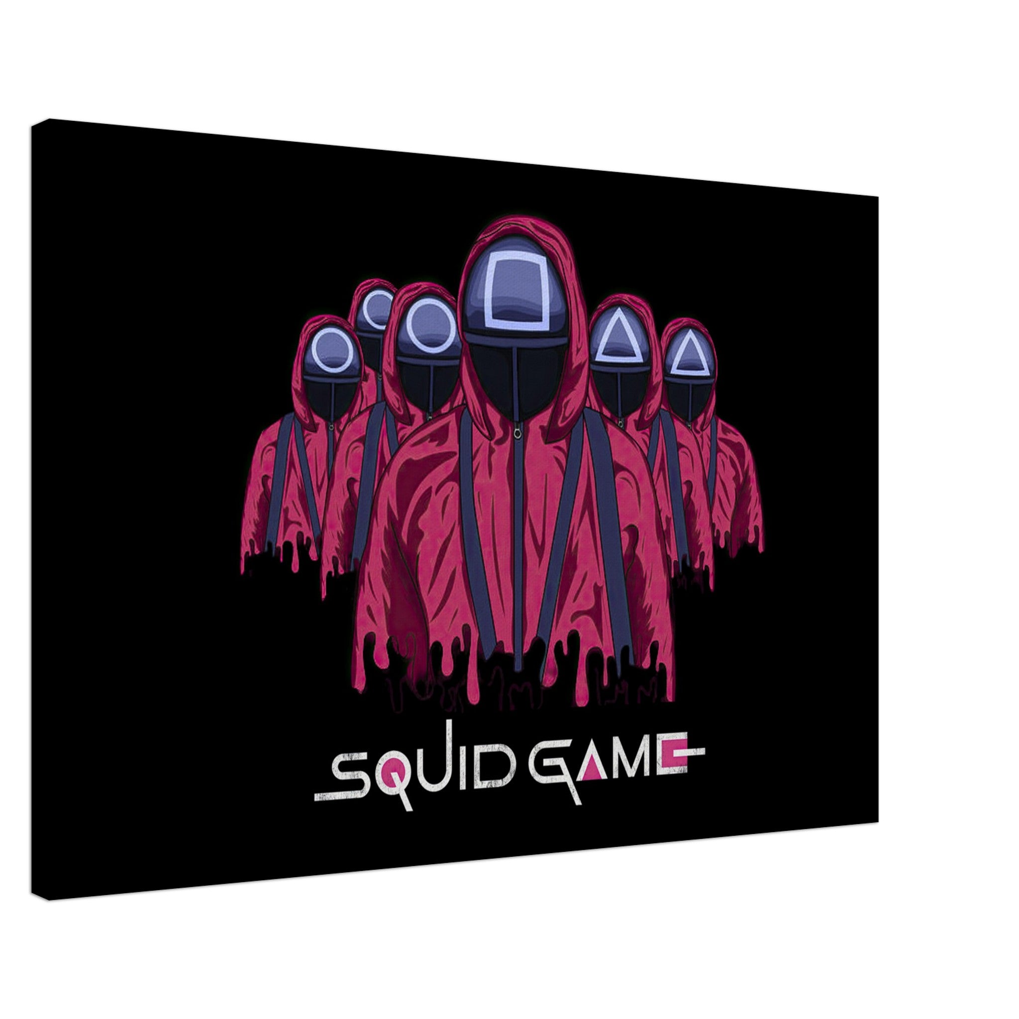 Squid Game Soldiers canvas art featuring iconic masked guards in red uniforms against a black background.