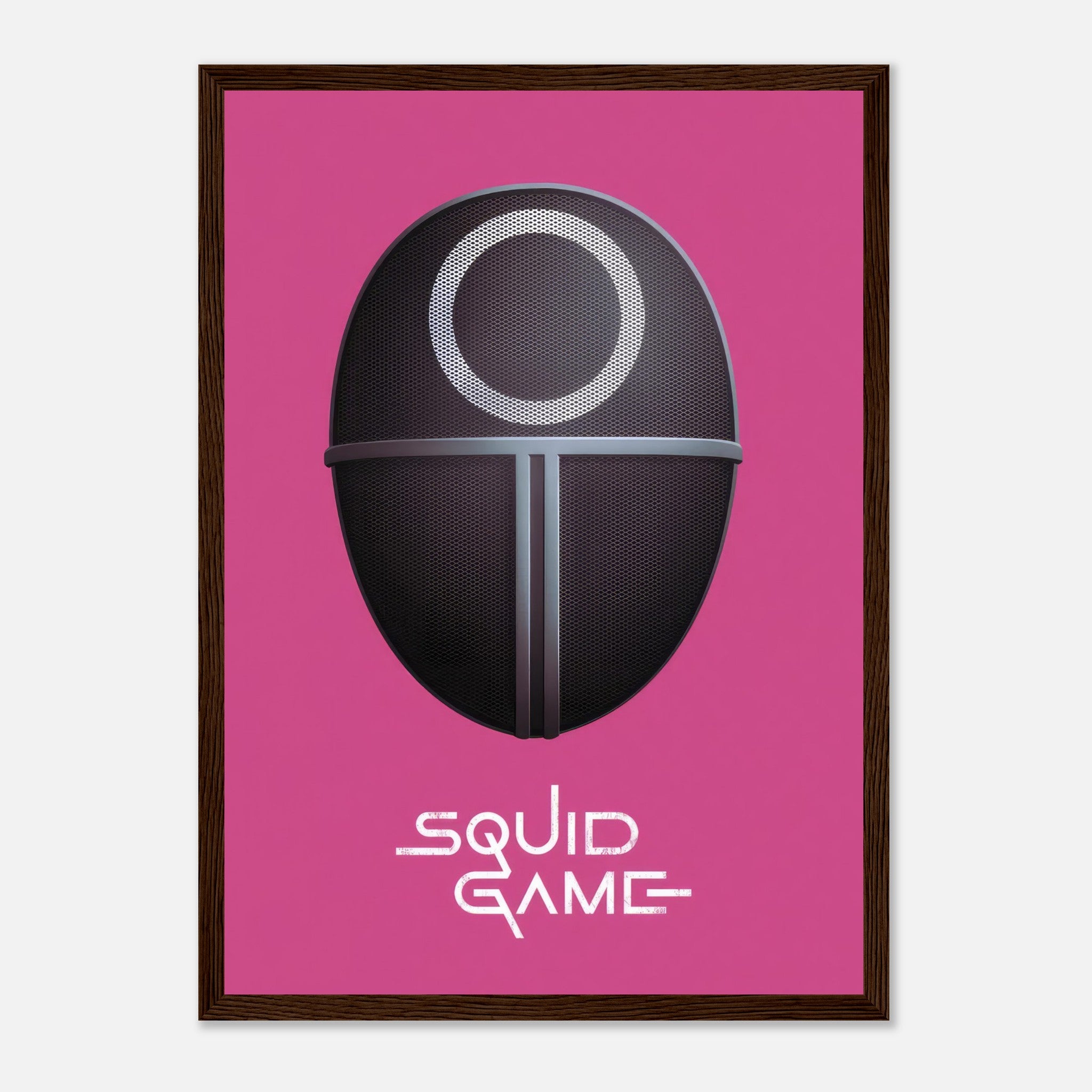 Squid Game Guard Mask Framed Print on a pink background, showcasing a minimalist design perfect for fans of the series.