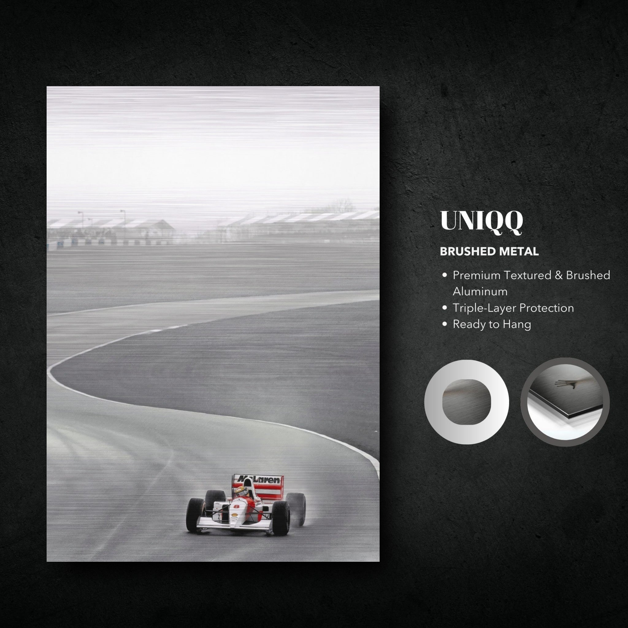 1988 Ayrton Senna McLaren photography on brushed metal, showcasing precision and speed in F1 racing.