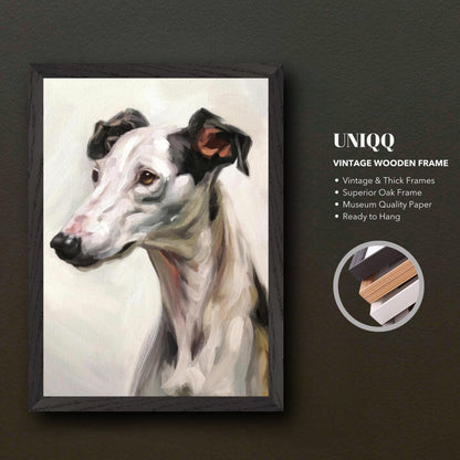 Vintage greyhound dog painting in a thick wooden frame, showcasing museum quality artwork ready to hang.