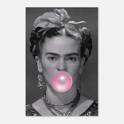 Frida Kahlo artwork on brushed metal featuring a playful portrait with pink bubble gum for a modern twist.