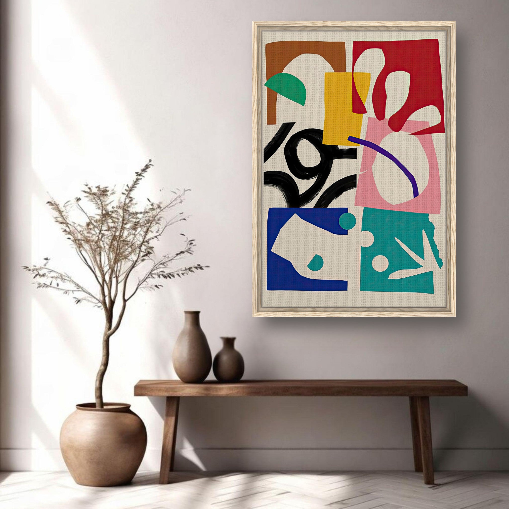 Framed Abstract Harmony Canvas Print on wall above a wooden table with vases and a plant, modern decor.