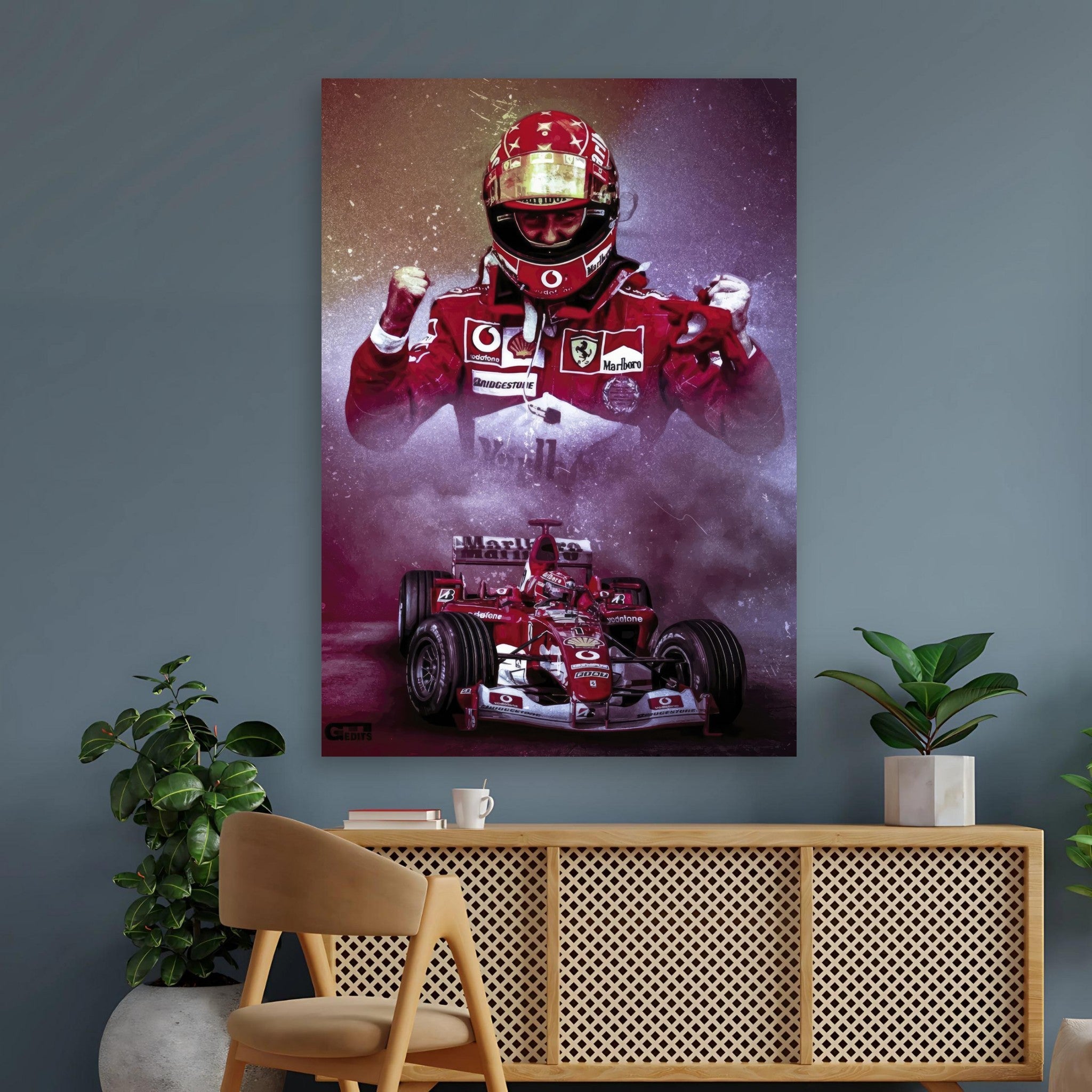 Michael Schumacher poster showcasing him in Ferrari suit and helmet with his F1 car, symbolizing speed and motorsport excellence.