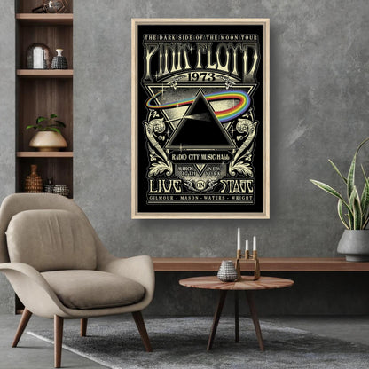 Pink Floyd The Dark Side of the Moon framed canvas print in modern living room setting, showcasing iconic 1973 tour artwork.