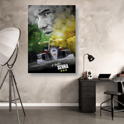 Ayrton Senna F1 McLaren metal print poster displayed in a modern interior, showcasing vibrant colors and sleek design.