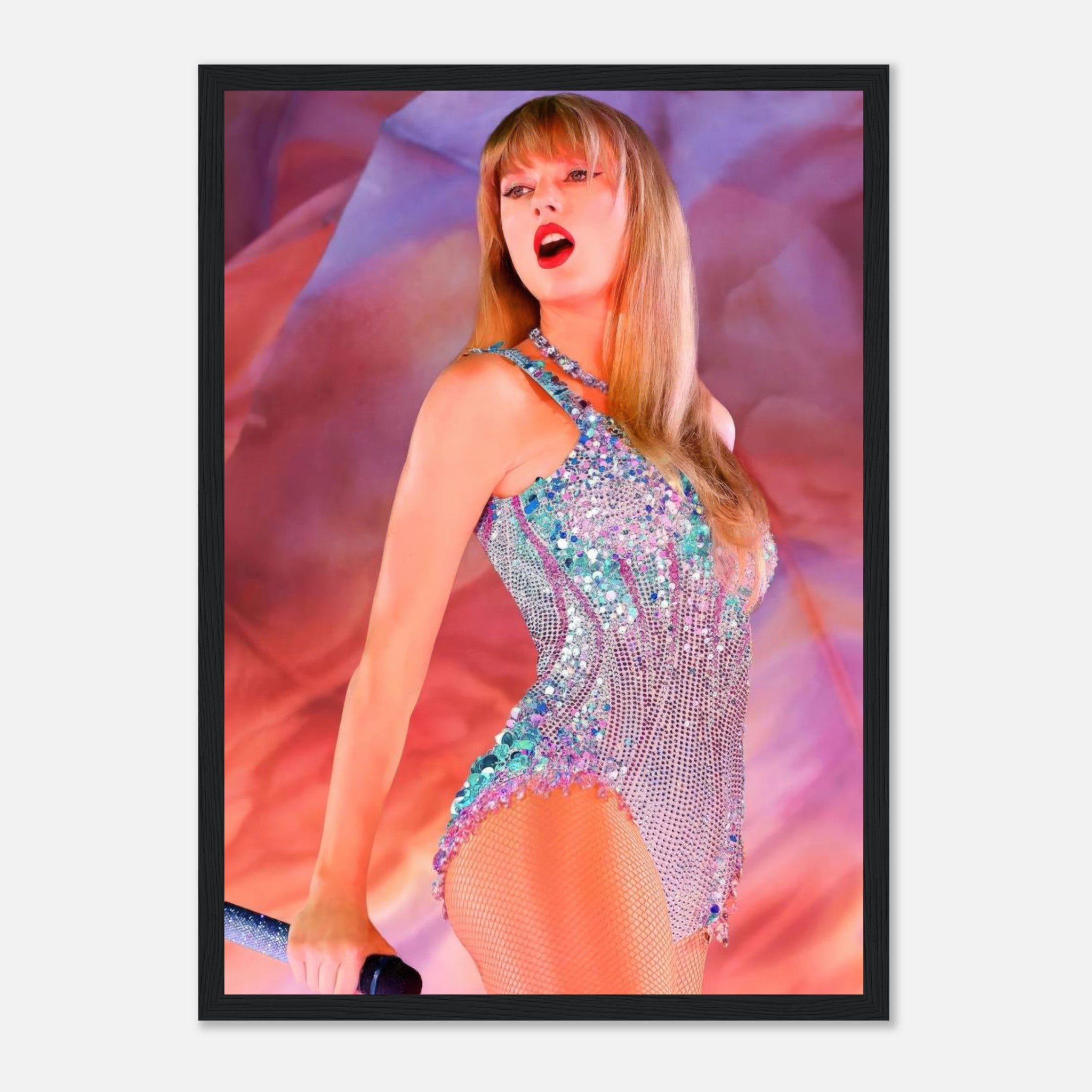 Taylor Swift performing in a sparkling outfit during The Eras Tour, framed print showcasing her iconic stage presence.