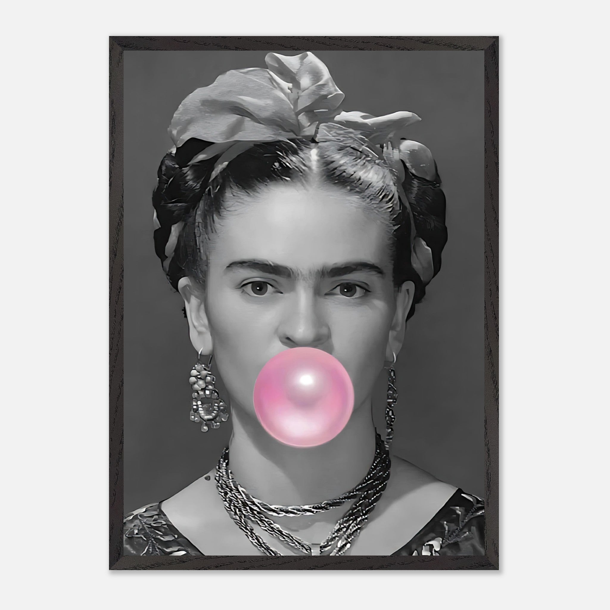 Frida Kahlo vintage framed art featuring black-and-white photo with a pink bubble gum bubble. Unique decor piece for art lovers.