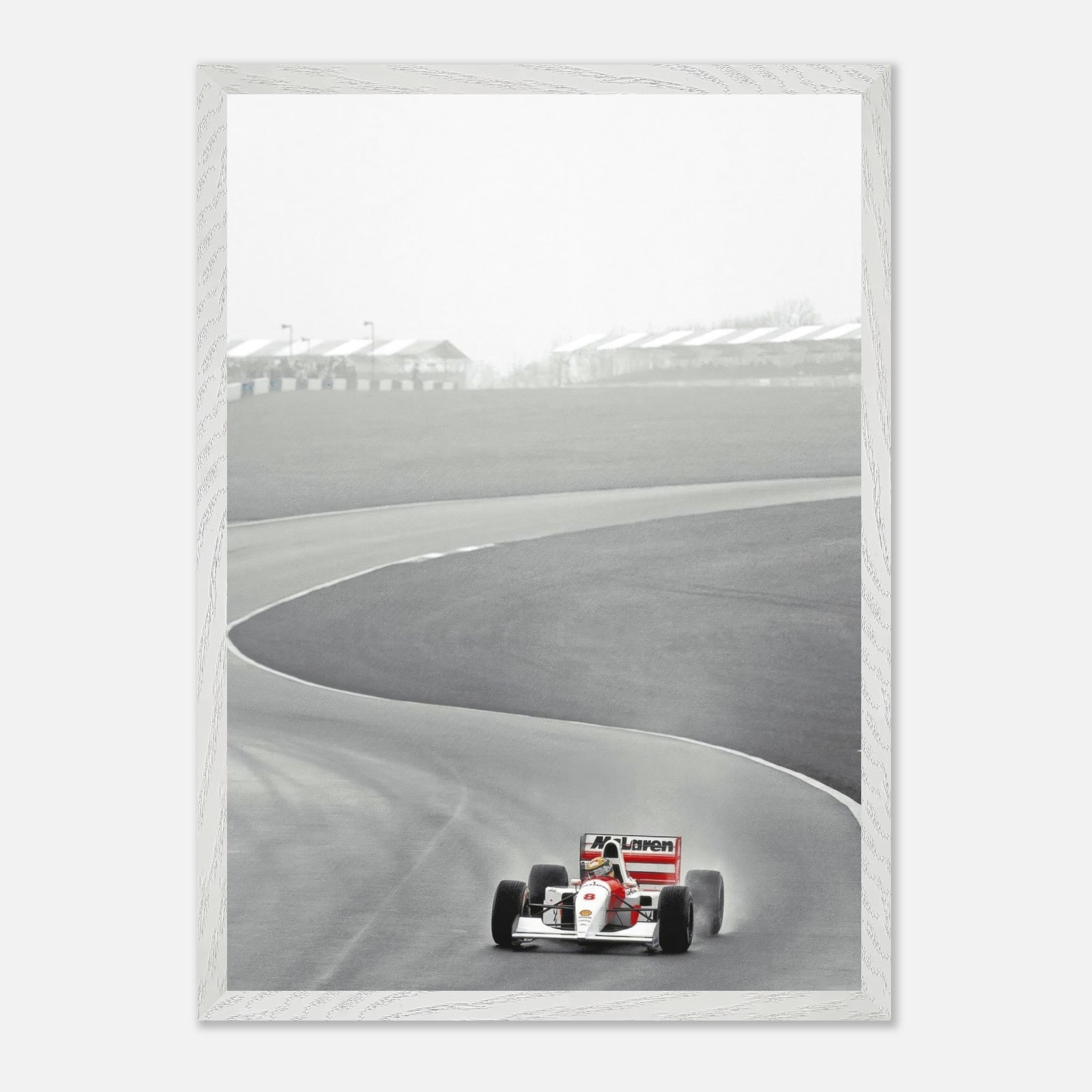 1988 Ayrton Senna McLaren MP4/4 racing on track, black and white framed Giclée fine art print.