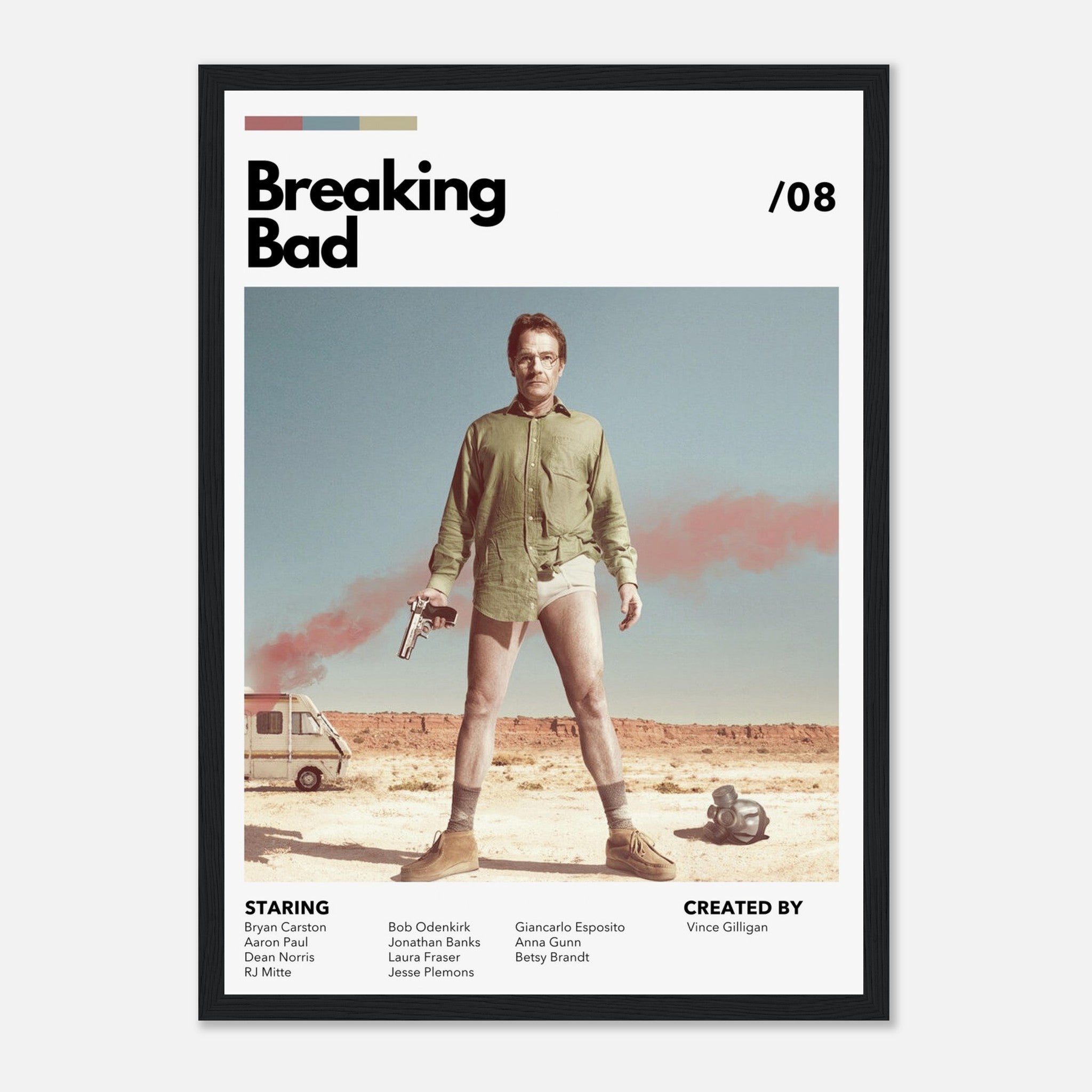 Retro Breaking Bad framed poster featuring Walter White with a revolver in desert attire, perfect wall art for fans.