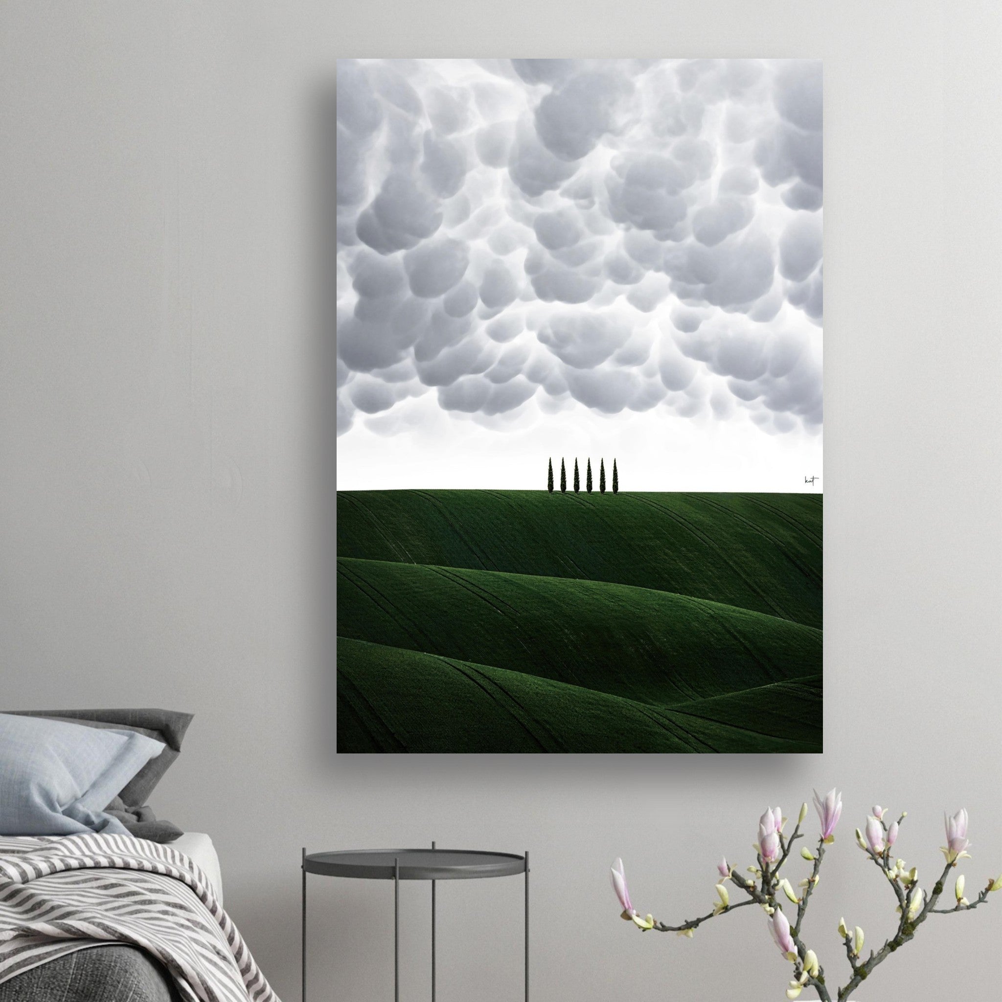 Toscana - Italy poster featuring rolling green hills and cypress trees under dramatic clouds, perfect for home decor.