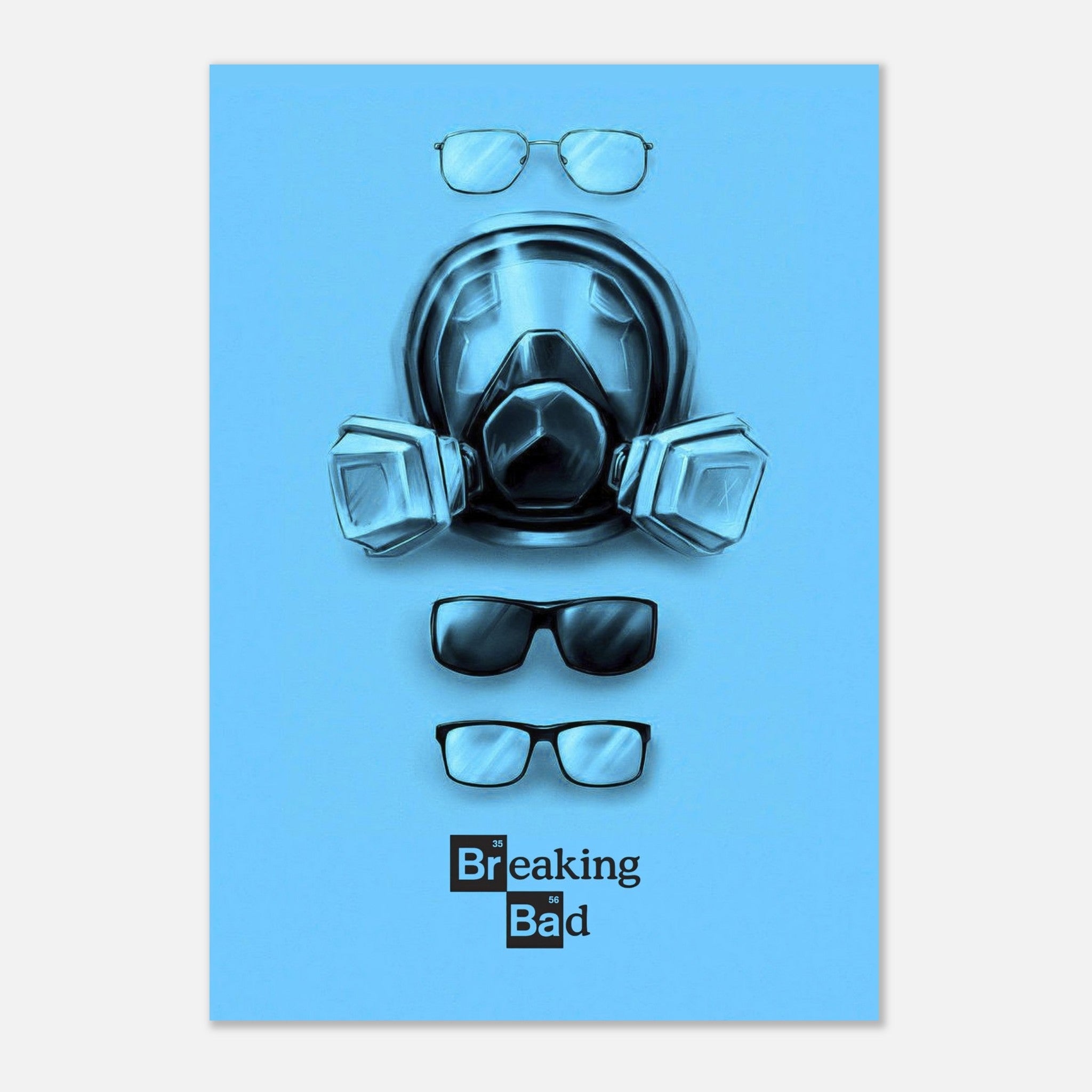 Minimalist 'Chemistry of Masks' poster featuring a gas mask and eyewear on a blue backdrop, inspired by Breaking Bad.