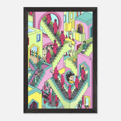 Squid Game Stairs fine art print featuring vibrant colors and intricate details of maze-like staircases.