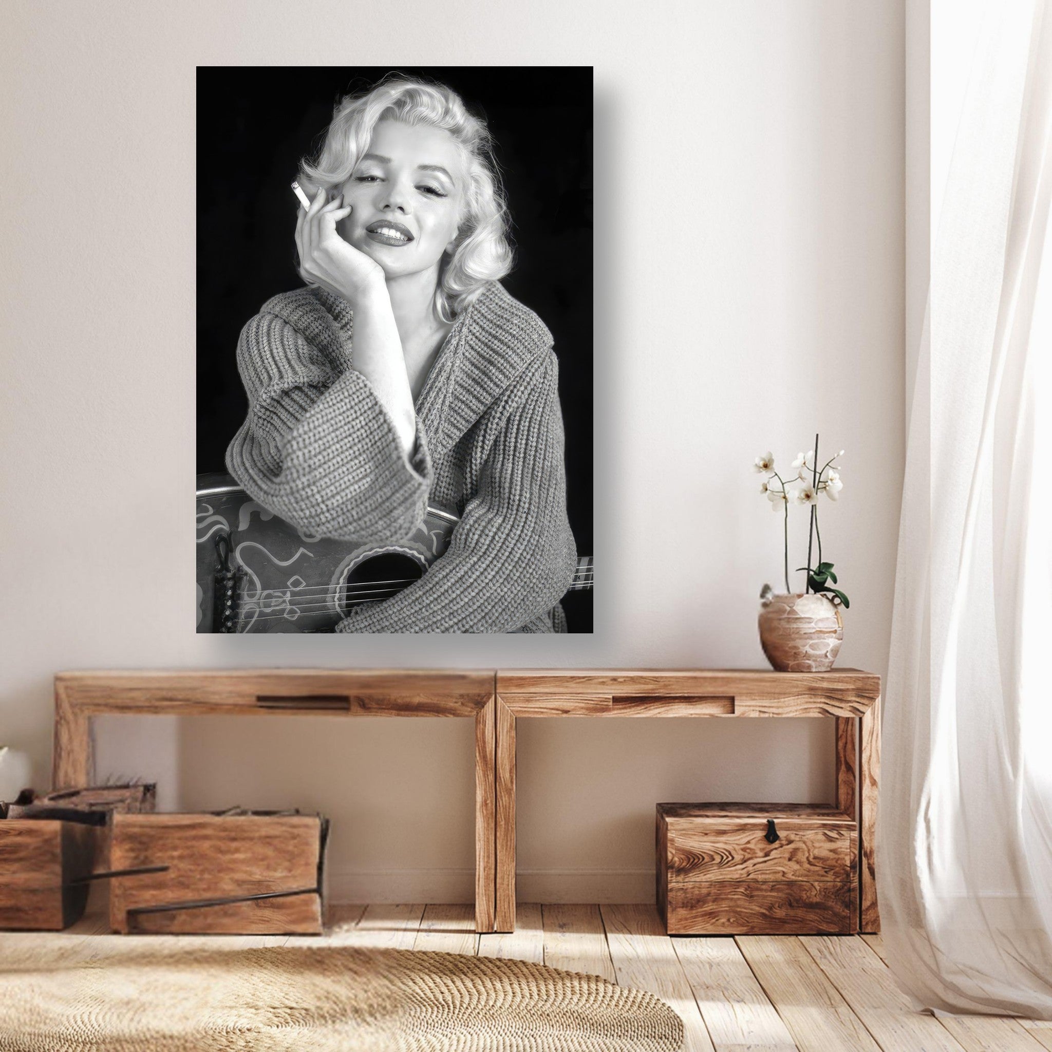 Elegant Marilyn Monroe Smoking Poster in black and white, showcasing her iconic charm in a stylish living room setting.