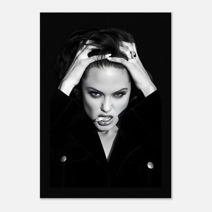 Bold black-and-white poster of Angelina Jolie showcasing confidence and sophistication. Perfect for home or office decor.