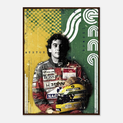 Ayrton Senna framed print showcasing the F1 legend in his racing suit, with a vibrant Brazilian flag background.