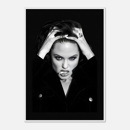 Black-and-white framed print of a glamorous Angelina Jolie showcasing boldness and dramatic contrast.