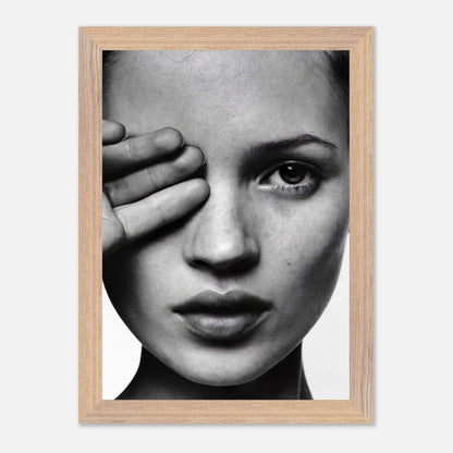 Kate Moss black and white photography framed print showcasing elegance and timeless sophistication.