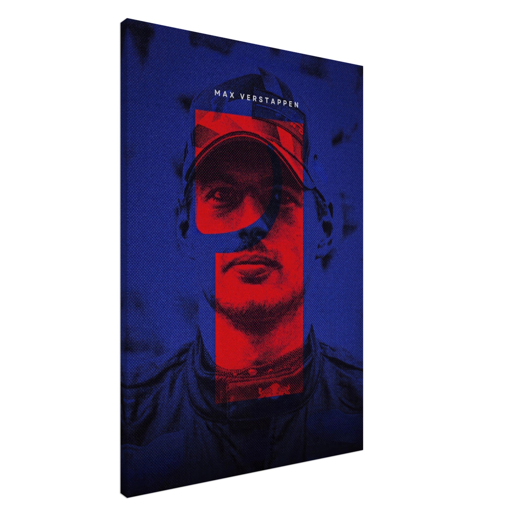 Max Verstappen canvas print with bold blue and red design, featuring dynamic F1-inspired artwork and gallery-wrapped edges.